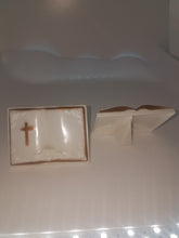 12 plastic cross and bible favors 2x3  white and  gold