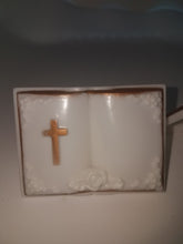 12 plastic cross and bible favors 2x3  white and  gold